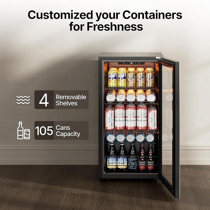 Ca'Lefort 105 Cans Mini Fridge, Beverage Refrigerator Cooler for Drink/Beer | 3.1 Cu.ft, Low-noise, Reversible Glass Door, 3-Color LED Lighting, Adjustable Shelves, 34℉ to 54℉ - Image 5