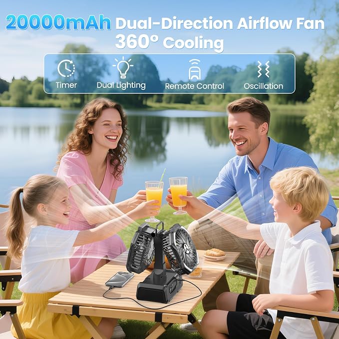 Dual Head Portable Rechargeable Fan 20000mAh Battery Powered Fan Camping Cordless with 360° Air Delivery, LED Lantern & Remote, Auto Oscillation, Battery Operated for Tent Office Travel Picnic Jobsite - Image 2