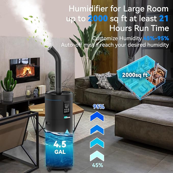 Humidifiers for Large Room Home Bedroom 2000 sq.ft. 17L/4.5Gal Large Humidifier with Extension Tube & 4 Speed Mist,Top Fill Wholehouse Humidifier with 360°Nozzle for Plant Commercial Greenhouse(Black) - Image 7