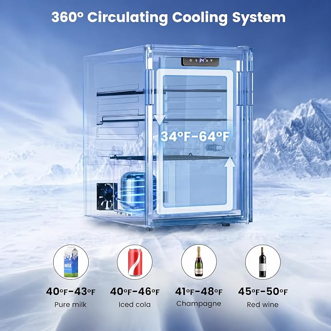 Feelfunn 26 Bottle 126 Can Wine Cooler, 3.2CuFt Mini Fridge with Glass Door | 34-64°F, <36dB, 4 adjustable shelves, for beer, soda, water in bedroom, office, home bar, dorm - Image 4