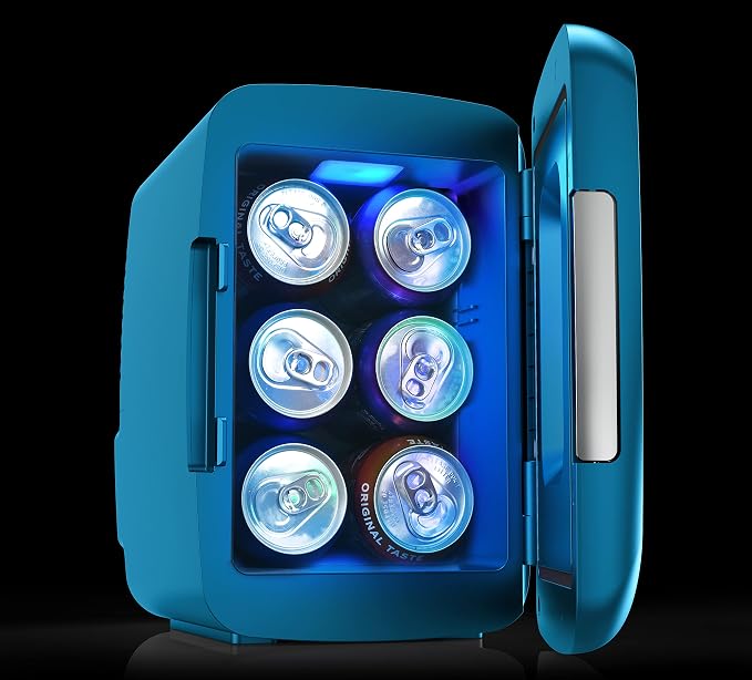 Frigidaire Gaming Light Up Mini Beverage Refrigerator, 6 can, 4 liters, Cooler with large see through door and LED lights Perfect for Gaming Experience, Home, Office, or Cars.12V Charger (Blue) - Image 9