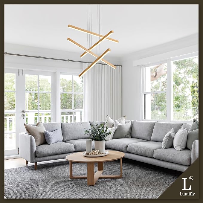 Linear Pendant Light for Dining Room Oak Wood Grain Finish LED 4 Light - Image 3