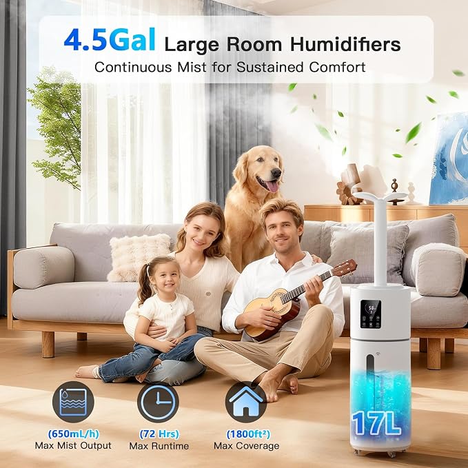 Smart Humidifiers for Large Room Bedroom Home 1800 sq.ft, 17L/4.5Gal Large Humidifier with Extension Tube & 3 Mist Modes, Top Fill Whole House Cool Mist Humidifiers for Plant Commercial Office - Image 2