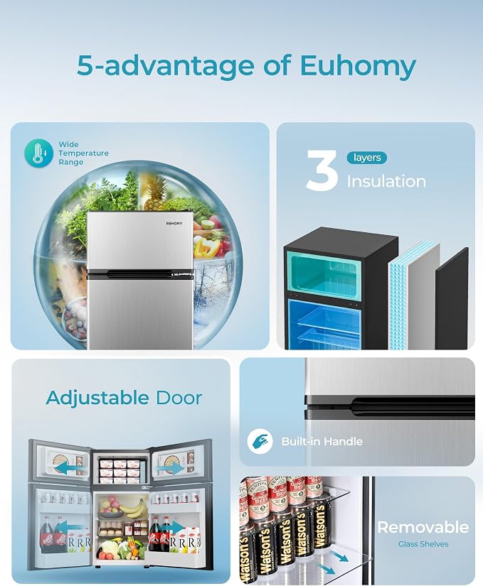EUHOMY Mini Fridge with Freezer, 3.2 Cu.Ft Mini Refrigerator fridge, 2 door For Bedroom/Dorm/Office/Apartment - Food Storage or Cooling drinks, Silver - Image 6