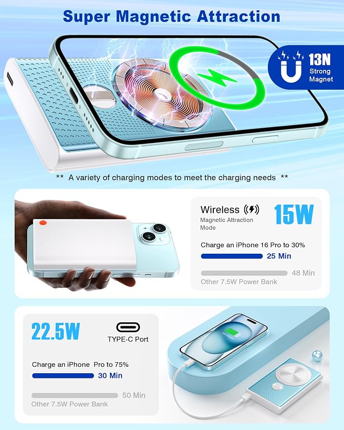 Kesguar Magnetic Portable Charger, 10000mAh 22.5W PD Super Fast Charging Wireless Power Bank. Ultra-Strong Magnet, USB C in&Out Battery Pack for Magsafe, iPhone 17/16/15/13/12 Pro Series, Blue - Image 5