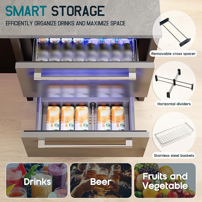 Albott 24 Inch Under Counter Drawer Fridge, Low Noise Beverage Refrigerator | Includes Stainless Steel Dual Drawers, LED Touch Control, Adjustable Storage, Frost-Free, 34-72℉ for Indoor or Outdoor Use - Image 6