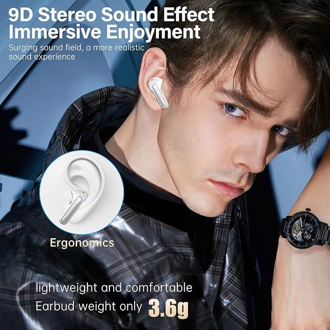 Wireless Earbuds, Bluetooth 5.3 Headphones HiFi Stereo 50H Playback LED Digital Display Ear Buds with ENC Noise Canceling Headset, IPX7 Waterproof Earphones for Gym/Running/Work（White） - Image 5