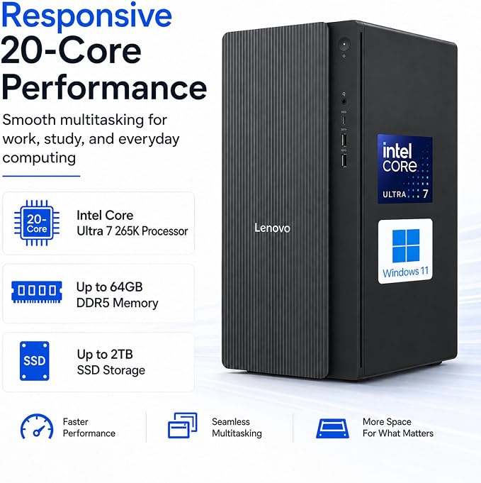 Lenovo IdeaCentre Next Gen AI Tower Business Desktop Computer, 20-Core Intel Ultra 7 265K, 32GB DDR5, 1TB SSD, HDMI + VGA, Wi-Fi, RJ-45, USB-C, Wired Keyboard & Mouse, Windows 11 - Image 2