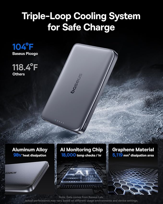 Baseus Picogo Power Bank, 0.5" Ultra Slim 10000mAh MagSafe Portable Charger, 27W Fast Charging Magnetic Battery Pack, Upgraded Polished Alloy Wireless Charger for iPhone 17 Pro Max/Air/16/15/14/13/12 - Image 3