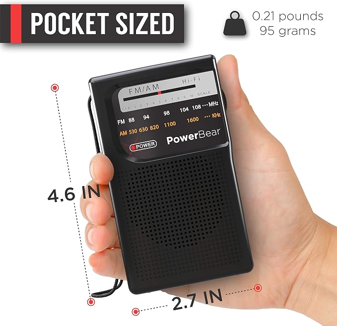 PowerBear Portable Radio | AM/FM, 2AA Battery Operated with Long Range Reception for Indoor, Outdoor & Emergency Use | Radio with Speaker & Headphone Jack (Black) - Image 5