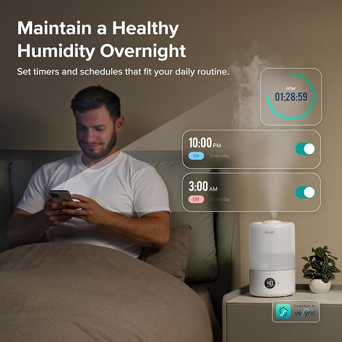 LEVOIT Smart Cool Mist Top Fill Humidifiers for Bedroom with Sensor, Auto Humidity Setting, APP & Voice Control, Essential Oil Diffuser, Ultra Quiet Operation, Super Easy Top Fill, 3L, White - Image 4