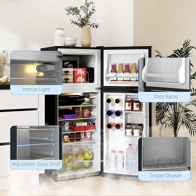 HOMCOM 4 Cu.Ft Mini Fridge with Freezer Double Reversible Silver | Compact Refrigerator, Adjustable Thermostat, Shelf, for Bedroom Dorm Home Office, Energy Efficient - Image 6