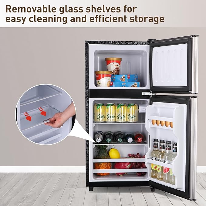 Mini Refrigerator with Freezer 3.5 Cu. Ft. Small Fridge with Freezer Silver | 2 Door Mini Fridge with 7-Level Adjustable Thermostat Removable Shelves, Compact Refrigerator for Office/Dorm/College/RV - Image 6