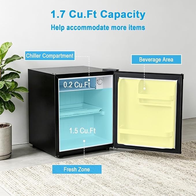 COSTWAY 1.7 Cu.Ft Mini Fridge with Compartment for Dorm Office Bedroom | Compact Small Refrigerator with Adjustable Thermostat, Reversible Single Door & Low Noise, for Drinks Fruits Snacks (Black) - Image 4