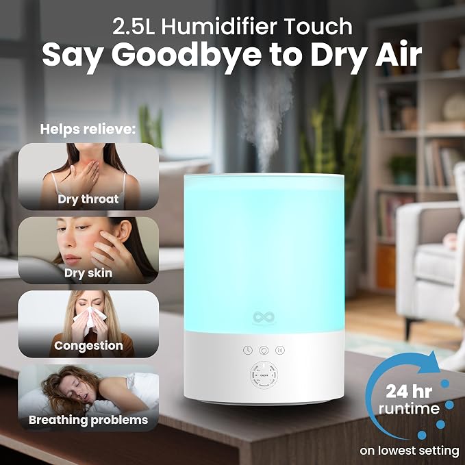 Everlasting Comfort 2.5L Top Fill Humidifier for Bedroom – Quiet, Easy to Fill & Clean, 24HR Runtime, Night Lights, Timer, Ultrasonic Cool Mist, Auto Shut-Off, Essential Oil Diffuser - White - Image 2