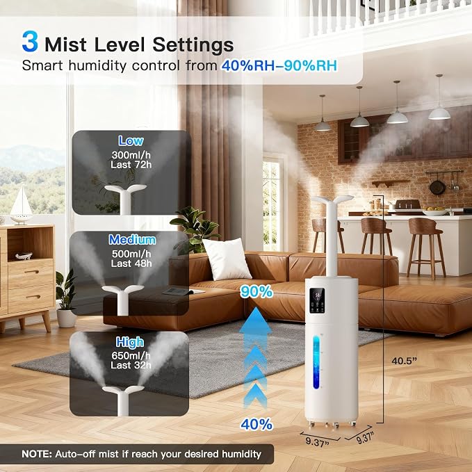Smart Humidifiers for Large Room Bedroom Home 1800 sq.ft, 17L/4.5Gal Large Humidifier with Extension Tube & 3 Mist Modes, Top Fill Whole House Cool Mist Humidifiers for Plant Commercial Office - Image 3
