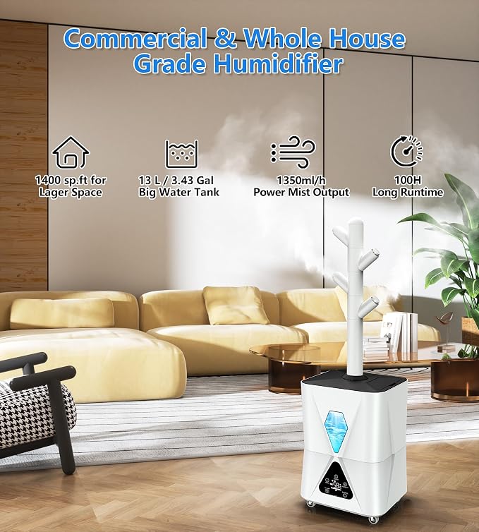Humidifier Large Room,13L/3.43Gal 1400 sq.ft, Cool Mist Humidifiers for Bedroom with 1350mL/H Spray Output for Home, Office, Plants, Warehouse, House - Image 2