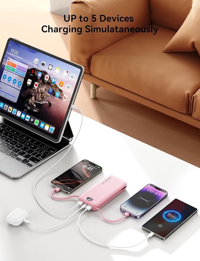 10000mAh Ultra-Portable-Charger-Power-Bank with Built in Cables&AC Wall Plug, PD20W USB-C Fast Charging Cell Phone Charger Battery Pack,LED Display Travel Battery Bank for All iPhone,Samsung,Android - Image 4