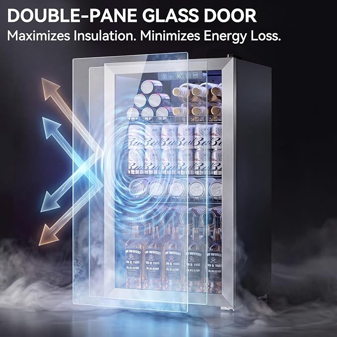 3.2 Cuft Beverage Fridge, 130 Can Mini Fridge With Glass Door, Silver | Adjustable Shelves for Wine & Beer, Digital Temp Display, Freestanding for Home & Office, Quiet Compressor Cooling - Image 6
