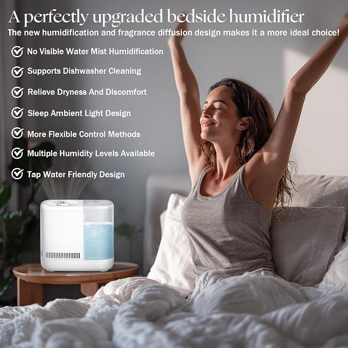 Evaporative Humidifier for Bedroom (No Mist) – Dishwasher Safe, No White Dust, Smart Remote with Sensor, Red Sleep Light, White Noise, Nursery Humidifier with 2.5L Tank, 2 Filters & Aroma Kit - Image 2