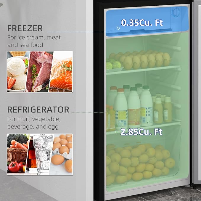 HOMCOM 3.2 Cu.Ft Mini Fridge with Freezer Single Reversible Door Silver | Compact Refrigerator, Adjustable Thermostat, Shelf, for Bedroom Dorm Home Office, Energy Efficient - Image 3