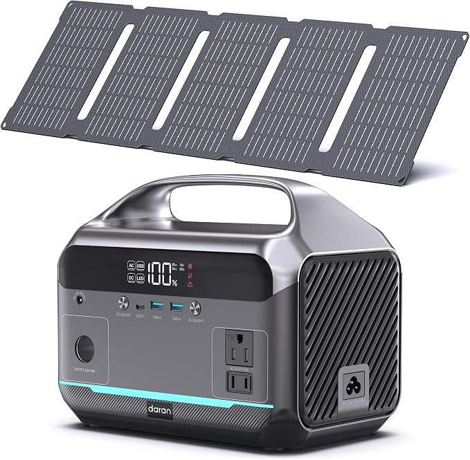 DARAN Portable Power Station with 60W Solar Panel, 288Wh (90,000mAh) LiFePO4 Battery, 350W (600W Peak) Mini Solar Generator, 2.1Hrs Fast Charing, 7-Port Design with AC Outlet for Emergency, Hurricane by DARAN