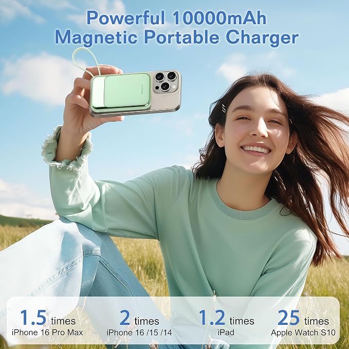 Magnetic Power Bank 10000mAh, Wireless Portable Charger with 15W Max Fast Charging & Built-in USB-C Cable, 22.5W PD LED Display Battery Pack Compatible with iPhone 17/16/15, Samsung Galaxy(green) - Image 3
