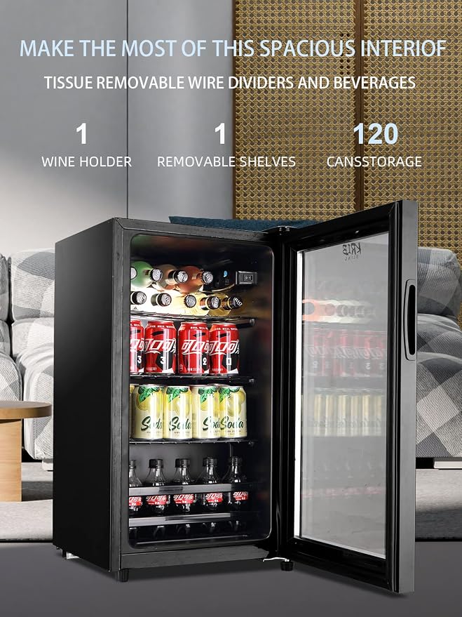 Beverage Refrigerator Cooler 120 Can Freestanding Beverage Cooler with Adjustable Shelving Glass Door for Beer Soda or Wine for Home Office or Bar, Black, (KB02 FLB-60) - Image 2