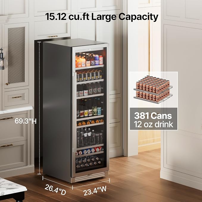 Ca'Lefort Beverage Refrigerator Cooler - 24 Inch Beverage Fridge 381 Can with Glass Door, Built-in or Freestanding Refrigerator with 3 Color LED, Drink Cooler for Soda Beer or Wine (Right-Hinged) - Image 2