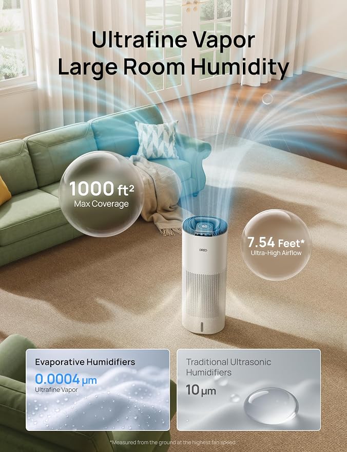 DREO Smart Evaporative Humidifier Large Room up to 1000ft², 800ml/h High Output Air Humidifiers for Bedroom, 10L, 50H Long Runtime with Precise Humidification for Plants, Home, Office, White, HHM774S - Image 3