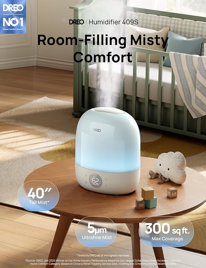 DREO Humidifiers for Bedroom - 30H Max Runtime & RGB Night Light & Sleep Trainer, Ultra Quiet 28dB Cool Mist Humidifier, Top Fill Smart Air Humidifier for Plants, Perfect for Baby & Nursery, HM409S - Image 2