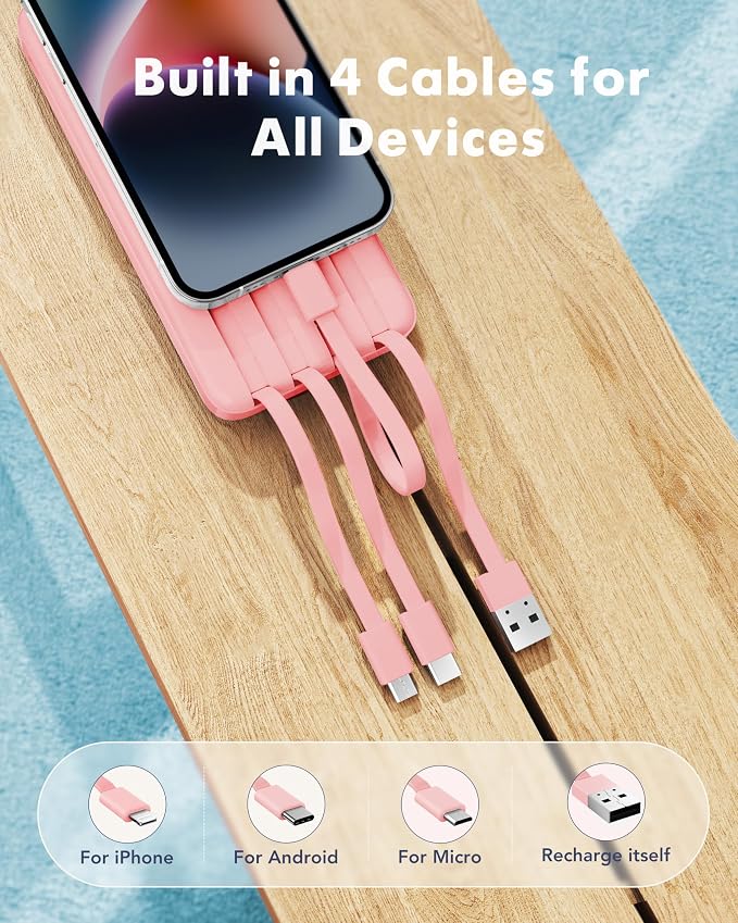 Charmast Portable Charger with Built in Cables, Power Bank with Cords Wires, Slim 10000mAh Travel Battery Pack 6 Outputs 3 Inputs 3A Fast Charging for Samsung Google Pixel LG Moto iPhone iPad - Image 2