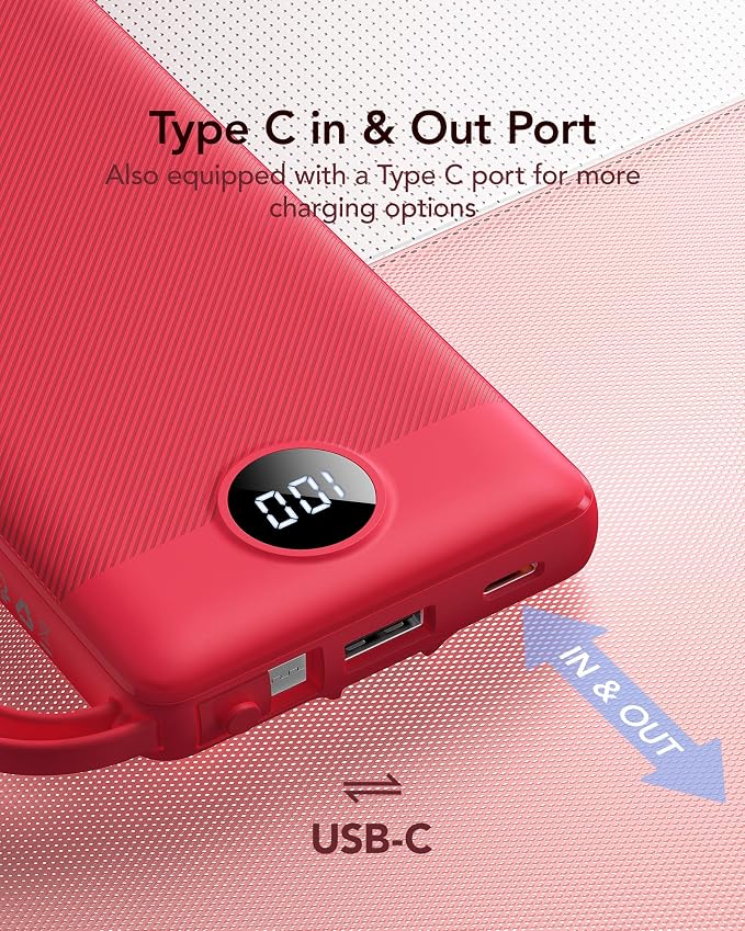 VRURC Portable Charger, 10000mAh Power Bank Built in Cables for iPhone, Slim Compact Travel Essential, 5 Outputs 2 Inputs USB C Battery Pack for iPhone 17 16 15 14 13, Samsung, Android etc-Magenta - Image 4