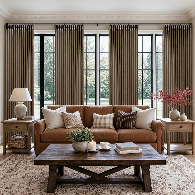 Pleated Chocolate Brown Semi Sheer Sliding Door Curtains 105 Inches Long 4 - Image 8