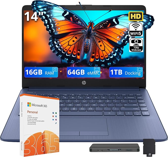 HP Stream 14" HD Student & Business Laptop, Intel Celeron N4120, 16GB RAM, 1.06TB Storage (64GB eMMC + 1TB Docking Station), Intel UHD Graphics, 1 Year Office 365, Wi-Fi 5, Win 11, Royal Blue by Unknown