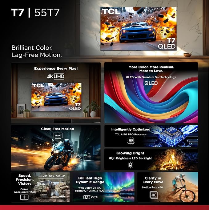 TCL 55" T7 4K QLED Google TV with 144Hz Gaming (55T7) | Smooth Motion for Sports & Gaming - Image 3