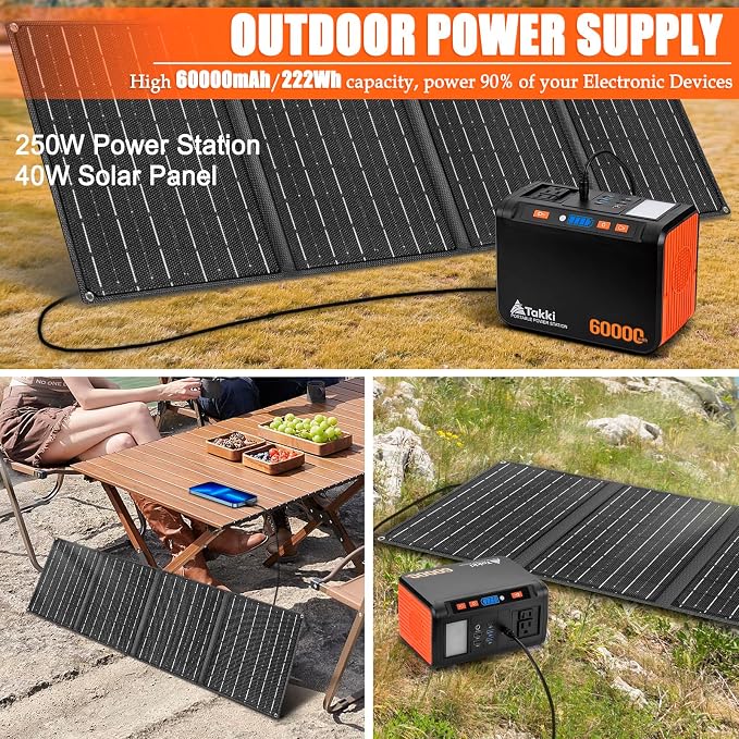 Takki Solar Generator 250W Portable Power Station with 40W Solar Panels 222Wh Pure Sine Wave Camping Lithium Battery Power Pack with AC 110V Outlet for Camping CPAP Home Use Emergency Outdoor - Image 7