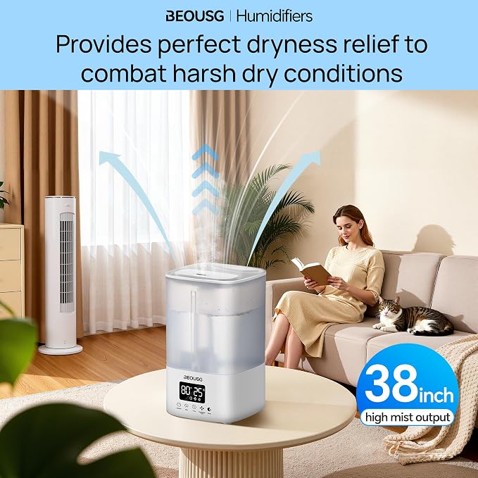 5L Top Fill Ultrasonic Humidifier,Cool Mist Humidifiers with Timer & Humidity Control for Bedroom, Baby, Large Rooms & Plants (White-2) - Image 5