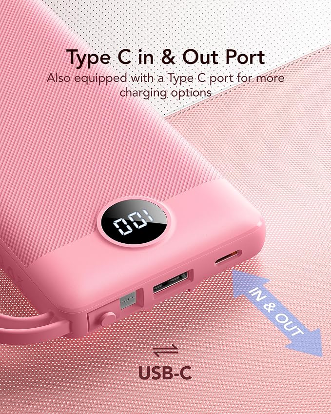 VRURC Portable Phone Charger, Travel Portable Charger with 4 Cables, 5 Outputs 2 Inputs Slim USB C Power Bank, Built-in Cables Cords for iPhone 17 16 15 14 13,Samsung,Android-Barbie Pink(1 Pack) - Image 5