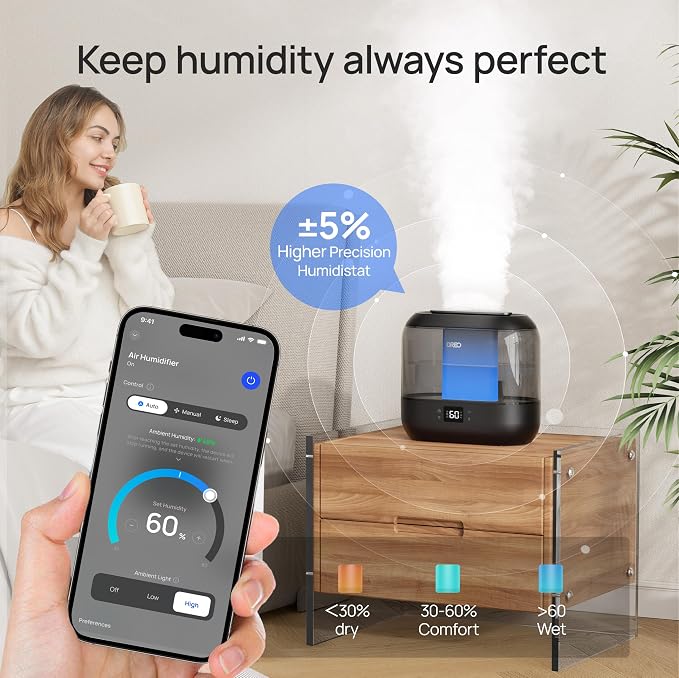 Dreo Smart Humidifiers for Bedroom, Top Fill 4L Supersized Humidifier Large Room with 28 dB, 36H Runtime, Touch/APP/Voice Control, Nightlight, Cool Mist Humidifiers for Baby, Plants, Indoor, Black - Image 8