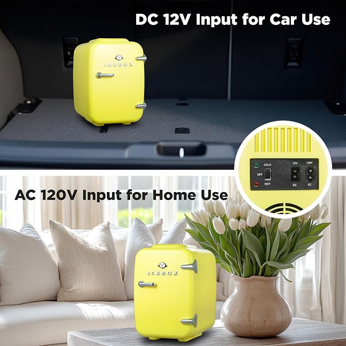 IceBox 4-Liter Mini Fridge Cooler/Warmer, IBMF4SUN, Sun Yellow | Portable Refrigerator Holds 6 Cans, Compact for Skincare, Beverages and Food, Includes 120V AC and 12V Car Adapters - Image 5