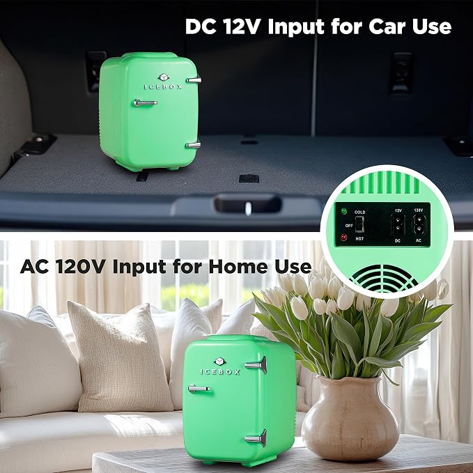 IceBox 4-Liter Mini Fridge Cooler/Warmer, IBMF4MNT, Mint Green | Portable Refrigerator Holds 6 Cans, Compact for Skincare, Beverages and Food, Includes 120V AC and 12V Car Adapters - Image 5