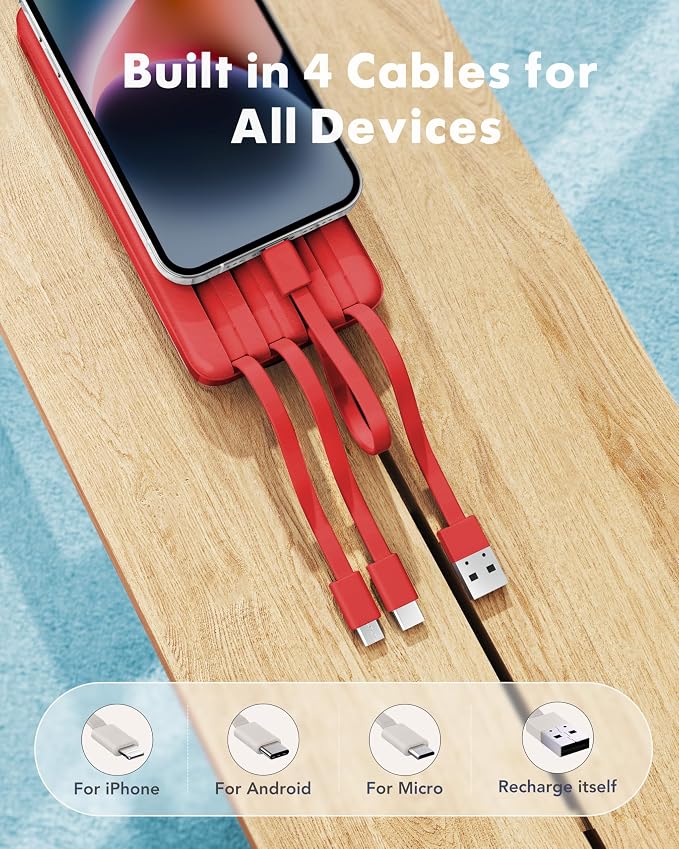 Charmast Portable Charger with Built in Cables, Power Bank with Cords Wires, Slim 10000mAh Travel Battery Pack 6 Outputs 3 Inputs 3A Fast Charging for Samsung Google Pixel LG Moto iPhone iPad - Image 2