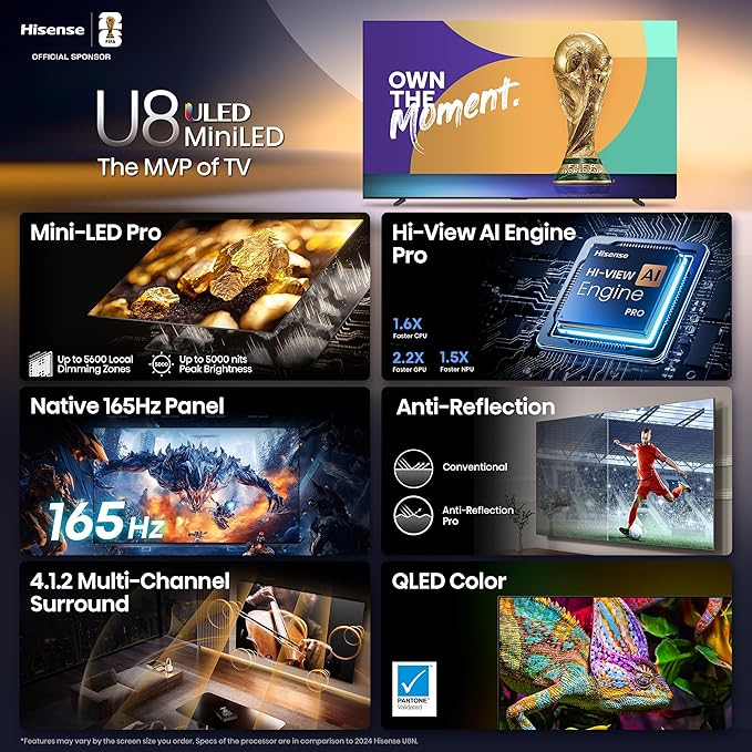 Hisense 65" U8 Series ULED Mini-LED 4K UHD Smart Google TV (65U8QG) - QLED, Native 165Hz, VRR 288, Up to LD5600, 5000 Nits, HDR10+, Dolby Vision IQ · Atmos, IMAX Enhanced, 4.1.2 Ch Audio - Image 4