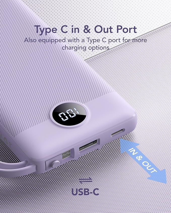 VRURC Portable Charger Power Bank, 10000mAh Travel Essentials Battery Pack, 5 Outputs 2 Inputs Slim Charging Bank Built-in Cables Cords for iPhone 17 16 15 14 13,Samsung,Android-Lavender(1 Pack) - Image 7