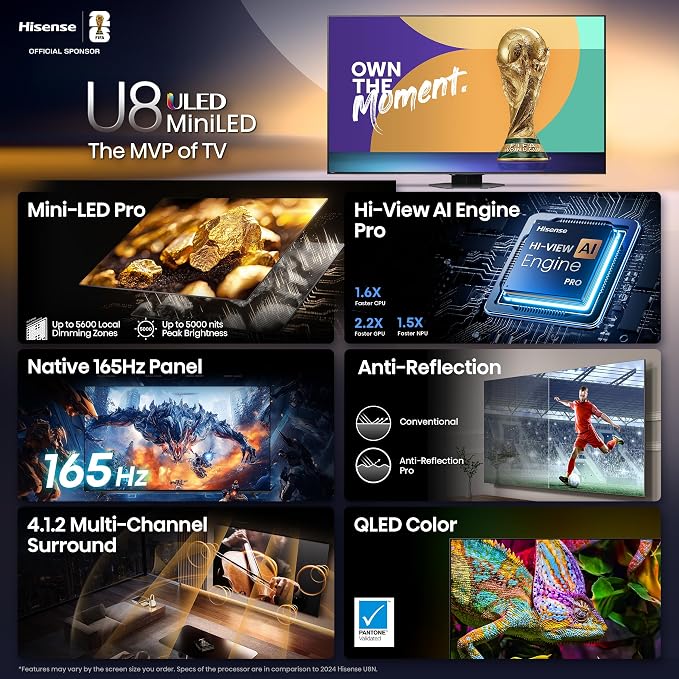 Hisense 85" U8 Series ULED Mini-LED 4K UHD Smart Google TV (85U8QG) - QLED, Native 165Hz, VRR 288, Up to LD5600, 5000 Nits, HDR10+, Dolby Vision IQ · Atmos, IMAX Enhanced, 4.1.2 Ch Audio - Image 4