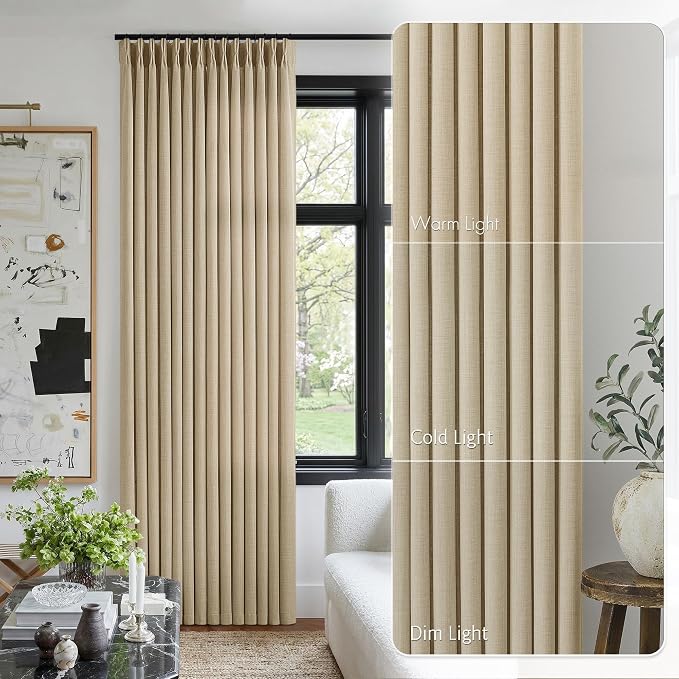 Pleated Tan Oatmeal Semi Sheer Sliding Door Curtains 105 Inches Long 4 Panels - Image 9
