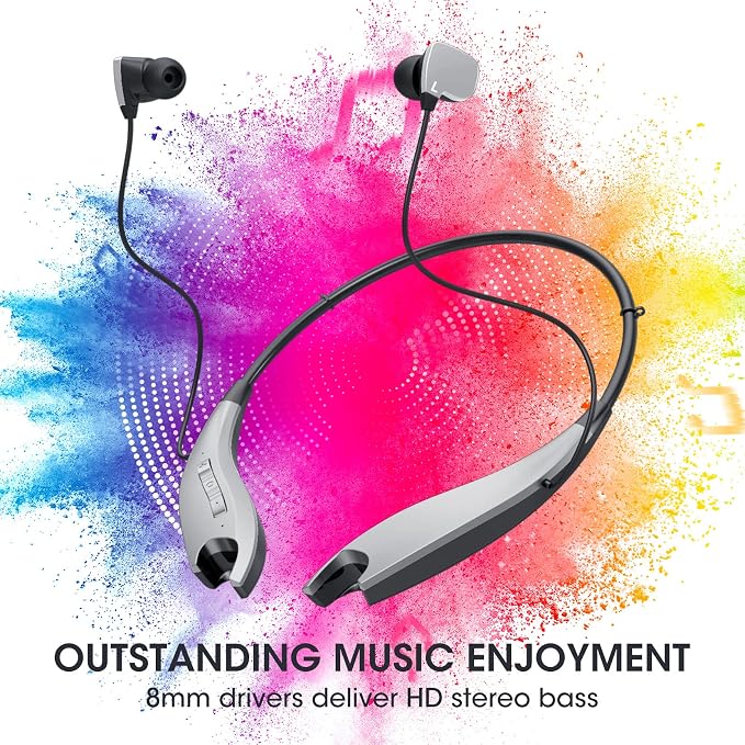 Neckband Bluetooth Headphones, 24H Playtime, Noise Isolation, Silver | Around The Neck Headphones Shark Jaw Design, Bluetooth Headsets with Call Vibration, Earbuds Built-in Mic/IPX7 Waterproof - Image 2
