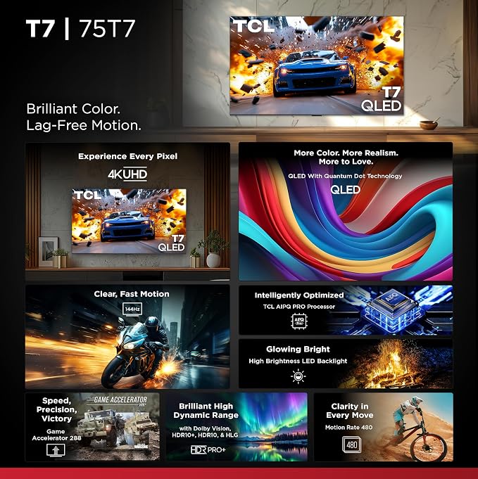 TCL 75" T7 4K QLED Google TV with 144Hz Gaming (75T7) | Smooth Motion for Sports & Gaming - Image 3