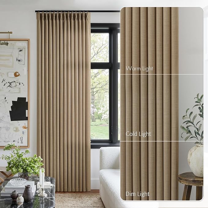 Pleated Light Brown Semi Sheer Sliding Door Curtains 105 Inches Long 4 Panels - Image 9